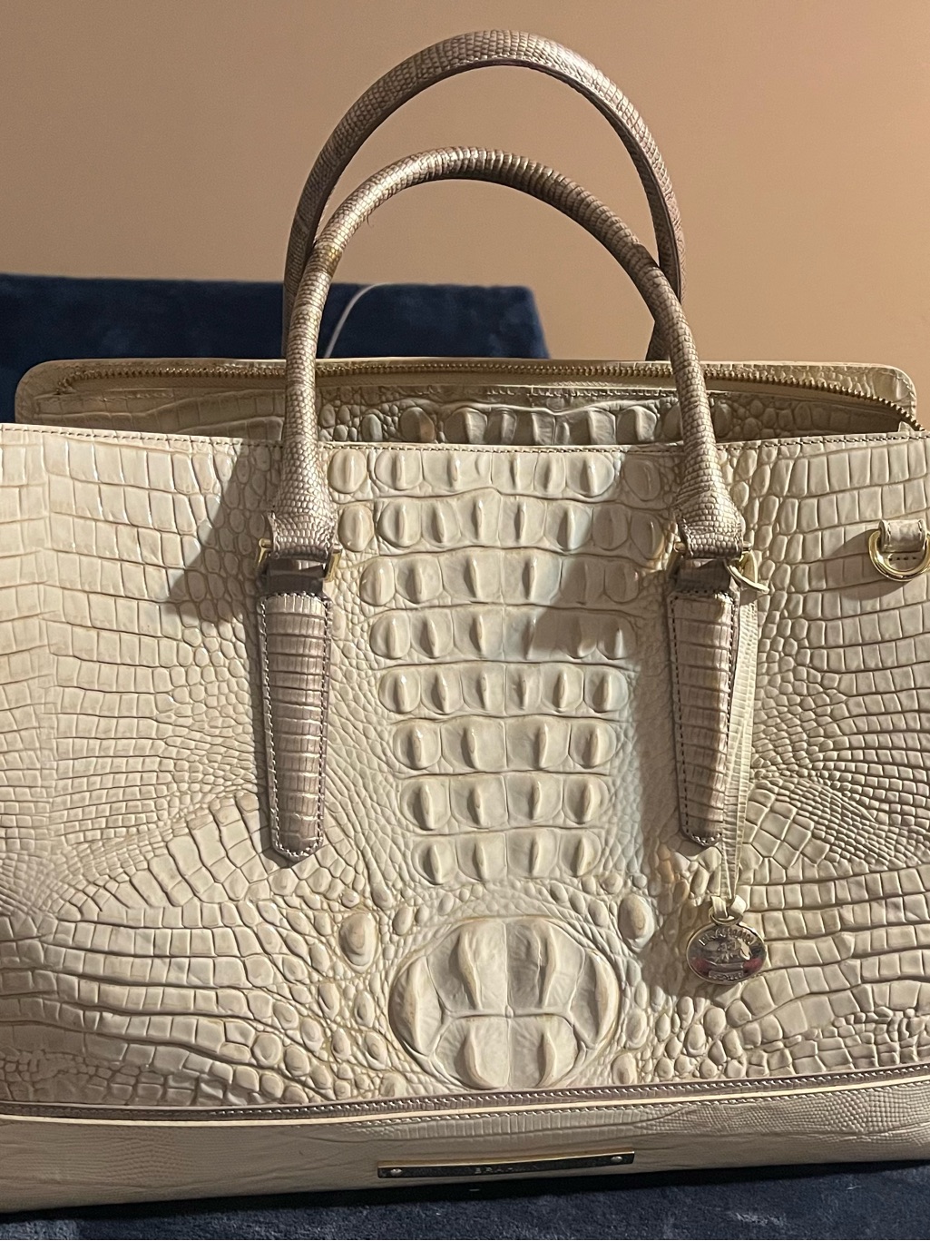 Brahmin Cream Croc-Embossed Satchel